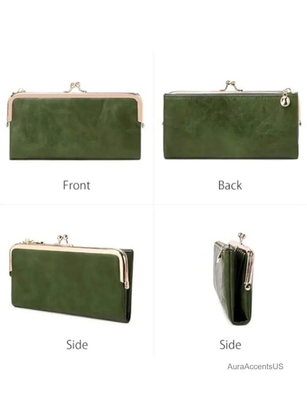 Vintage Women Long Bifold Wallet with Kiss Lock & Zip Coin Pocket Faux Leather